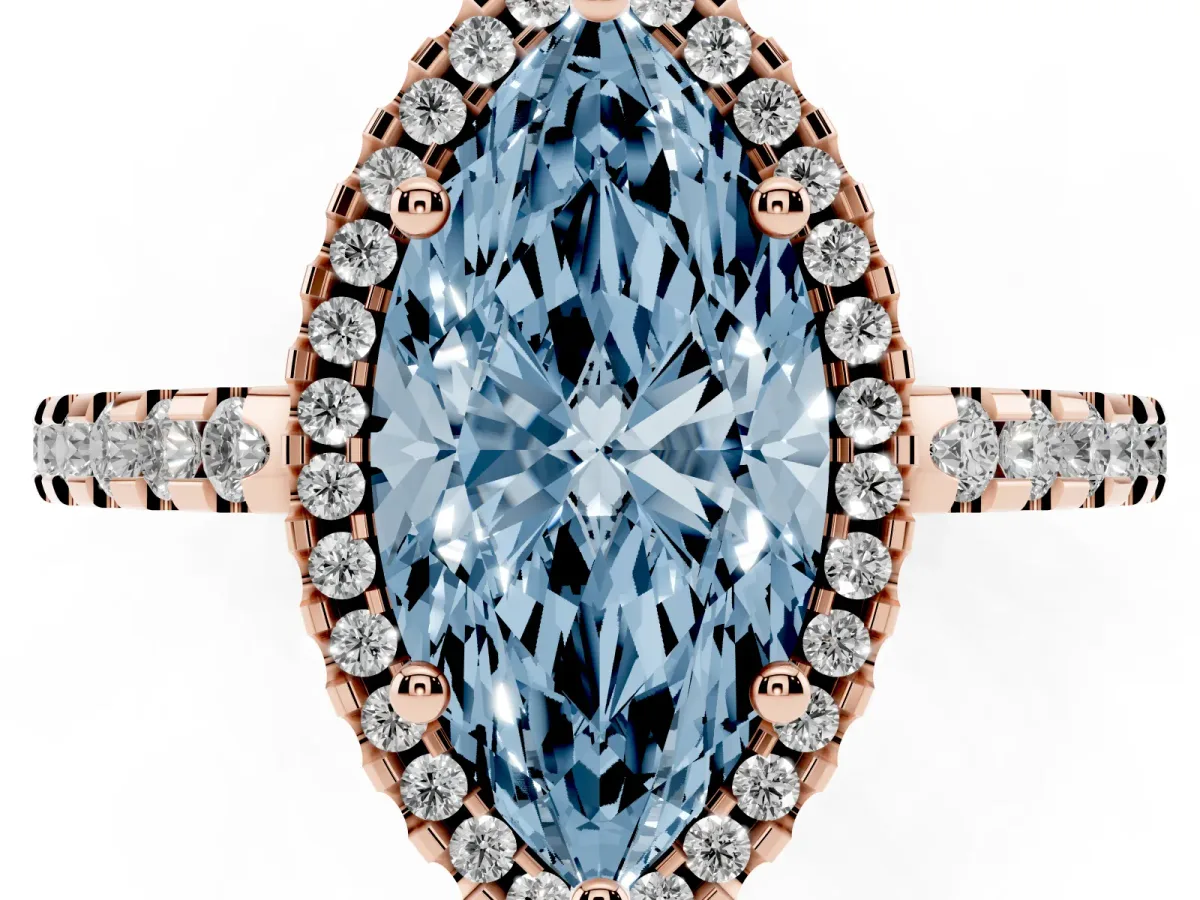 Fancy Blue Marquise Cut Diamond Halo Engagement Ring with Pavé Band and Prong Setting Rose gold