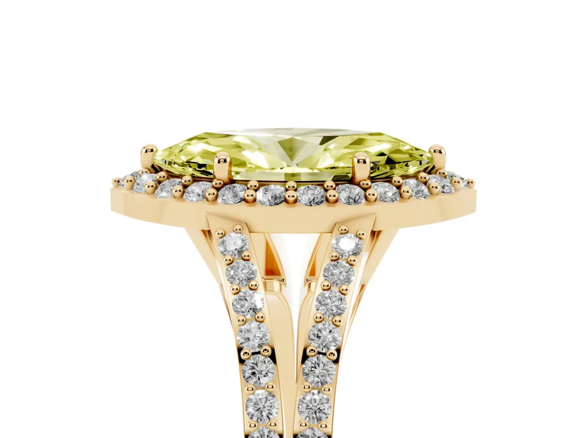 Fancy Yellow Marquise Cut Halo Split Shank Pave Diamond Ring with Four-Prong Setting Yellow gold