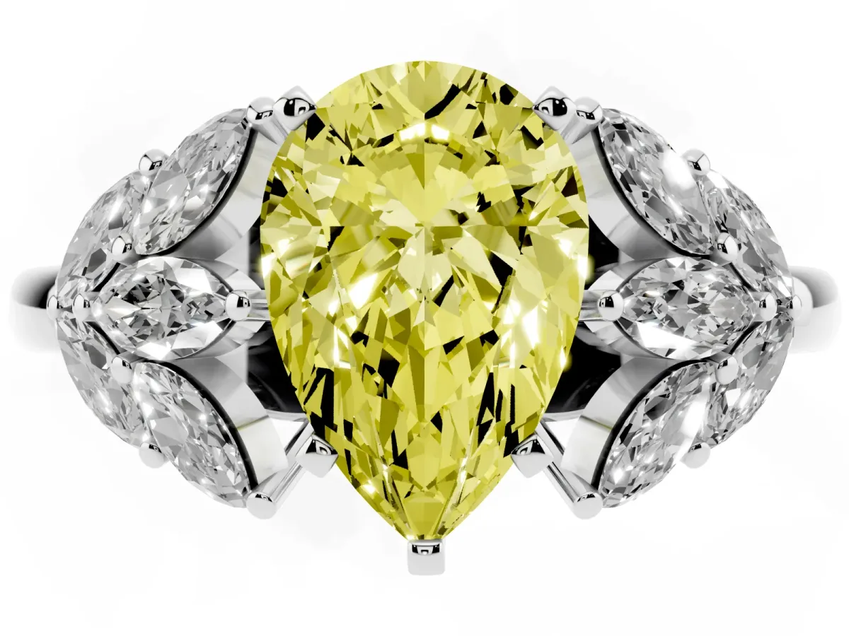 Fancy Yellow Pear Cut Diamond Cluster Leaf Design Ring with Prong Setting Silver