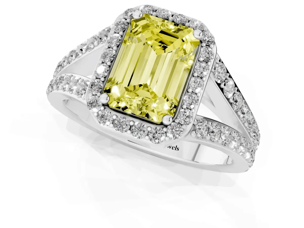 Fancy Yellow Emerald Cut Diamond Split Shank Halo Ring with Four-Prong Setting Silver