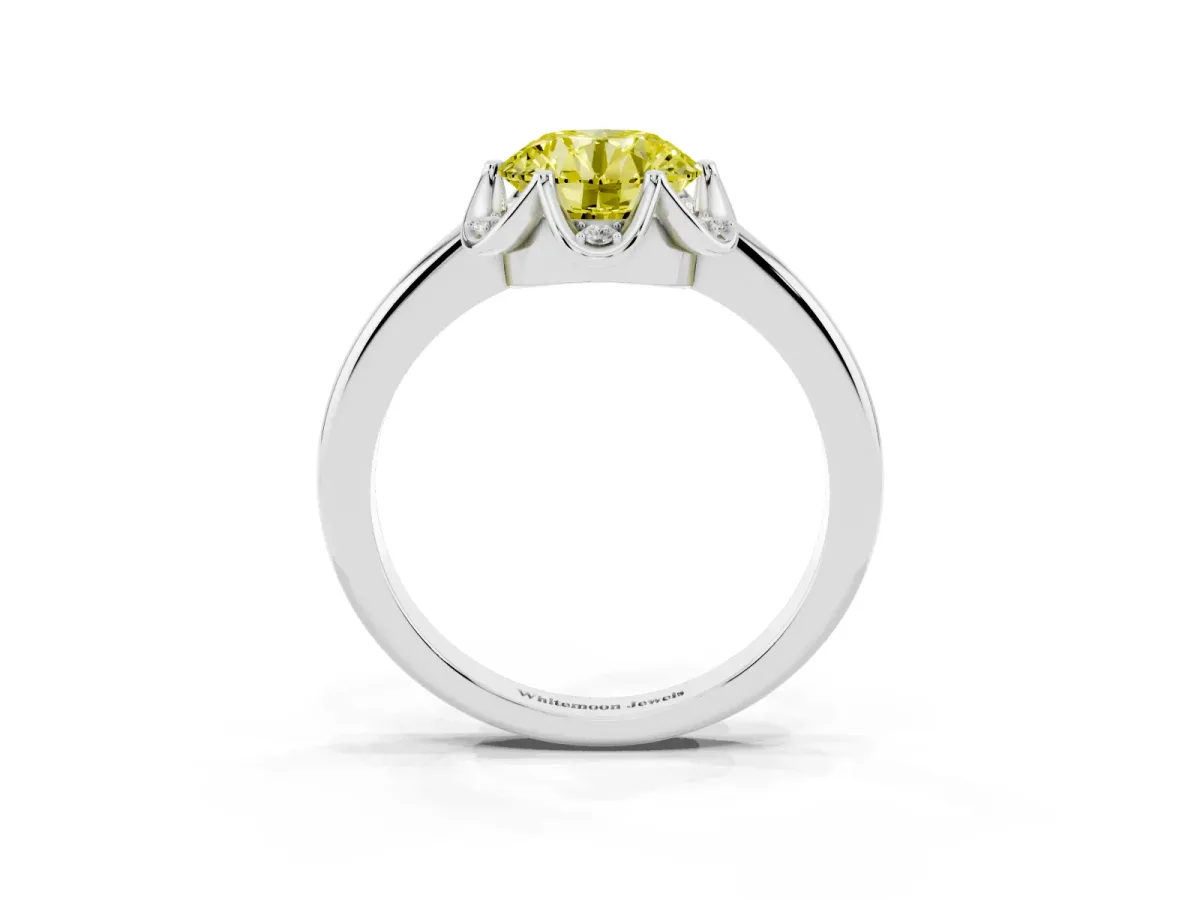 Fancy Yellow Round Cut Halo Diamond Ring with Round Cluster Setting, Solitaire Band, and Four-Prong Setting White gold