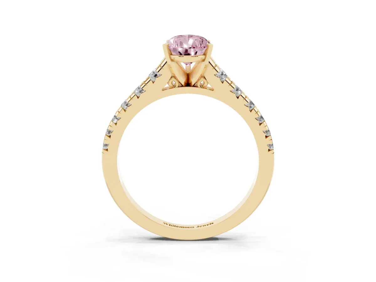Fancy Pink Pear Cut Diamond Cathedral Solitaire Ring with Round Pavé Band Yellow gold