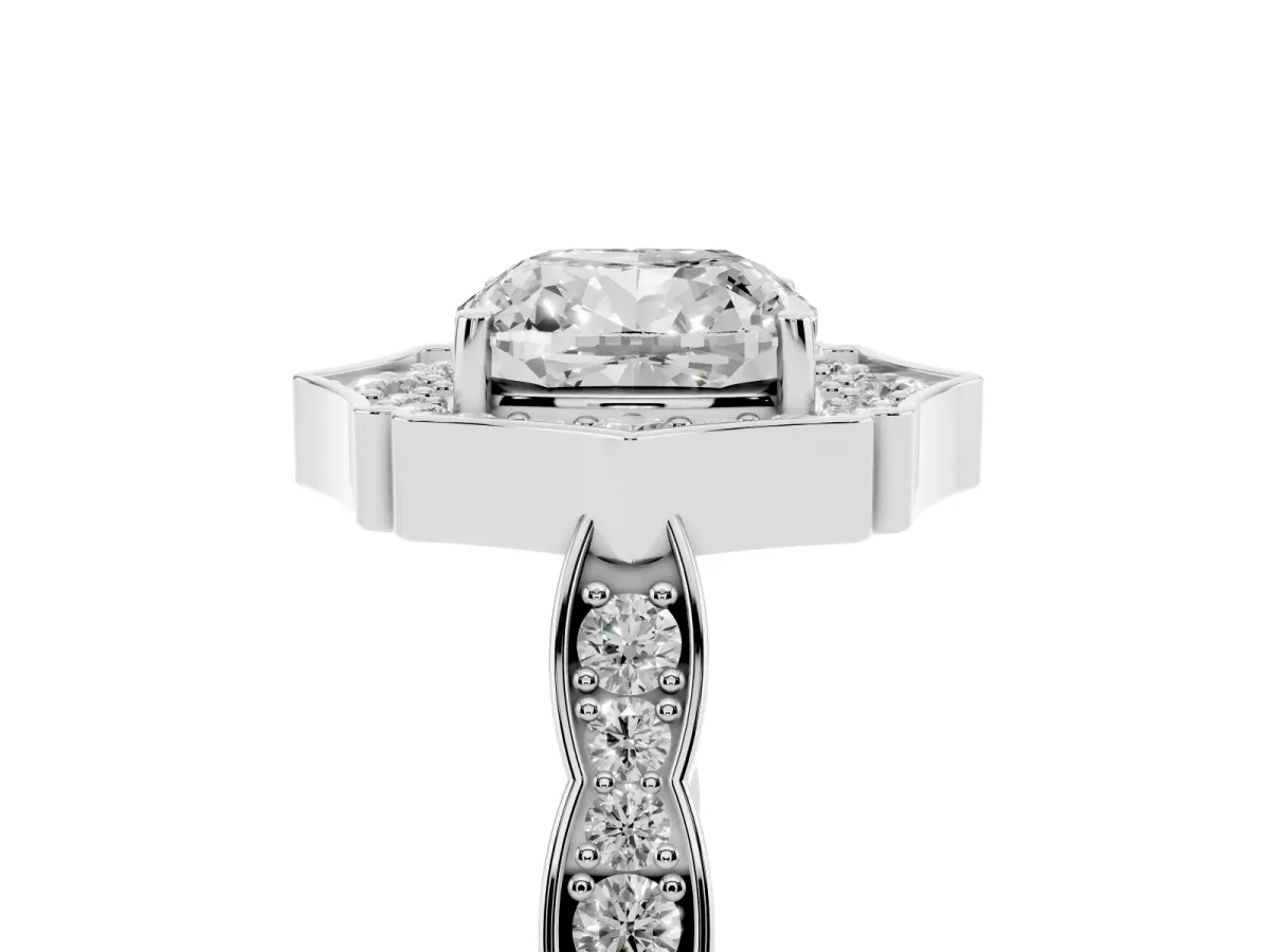 Cushion Cut Halo Diamond Engagement Ring with Milgrain Band and Four-Prong Setting Silver