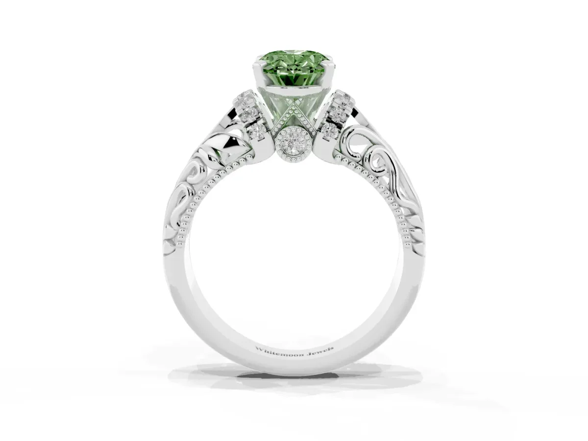 Fancy Green Oval Cut Solitaire Filigree Engagement Ring with Halo and Prong Setting Silver