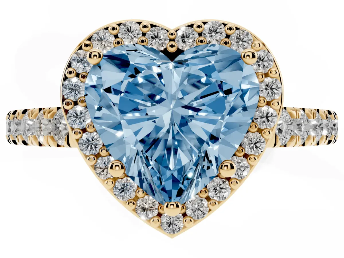 Fancy Blue Heart Cut Cut Halo Diamond Engagement Ring with Pave Band and Four-Prong Setting Yellow gold