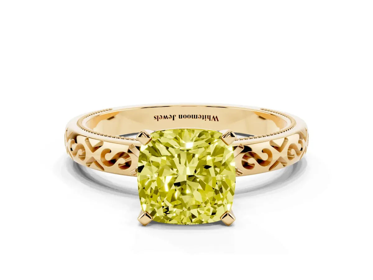 Fancy Yellow Cushion Cut Solitaire Engagement Ring with Scrollwork Band and Four-Prong Setting Yellow gold
