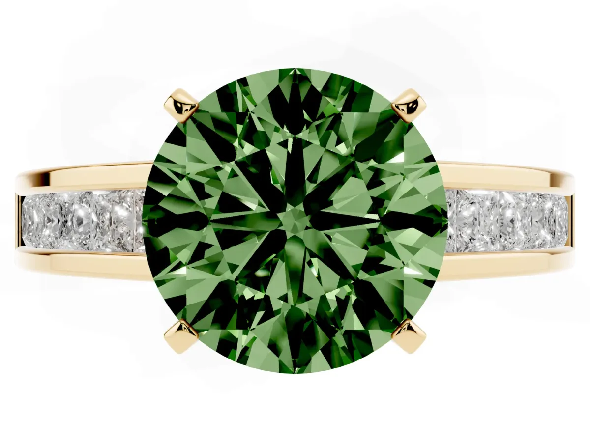 Fancy Green Round Cut Solitaire Diamond Ring with Channel-Set Band and Four-Prong Setting Yellow gold