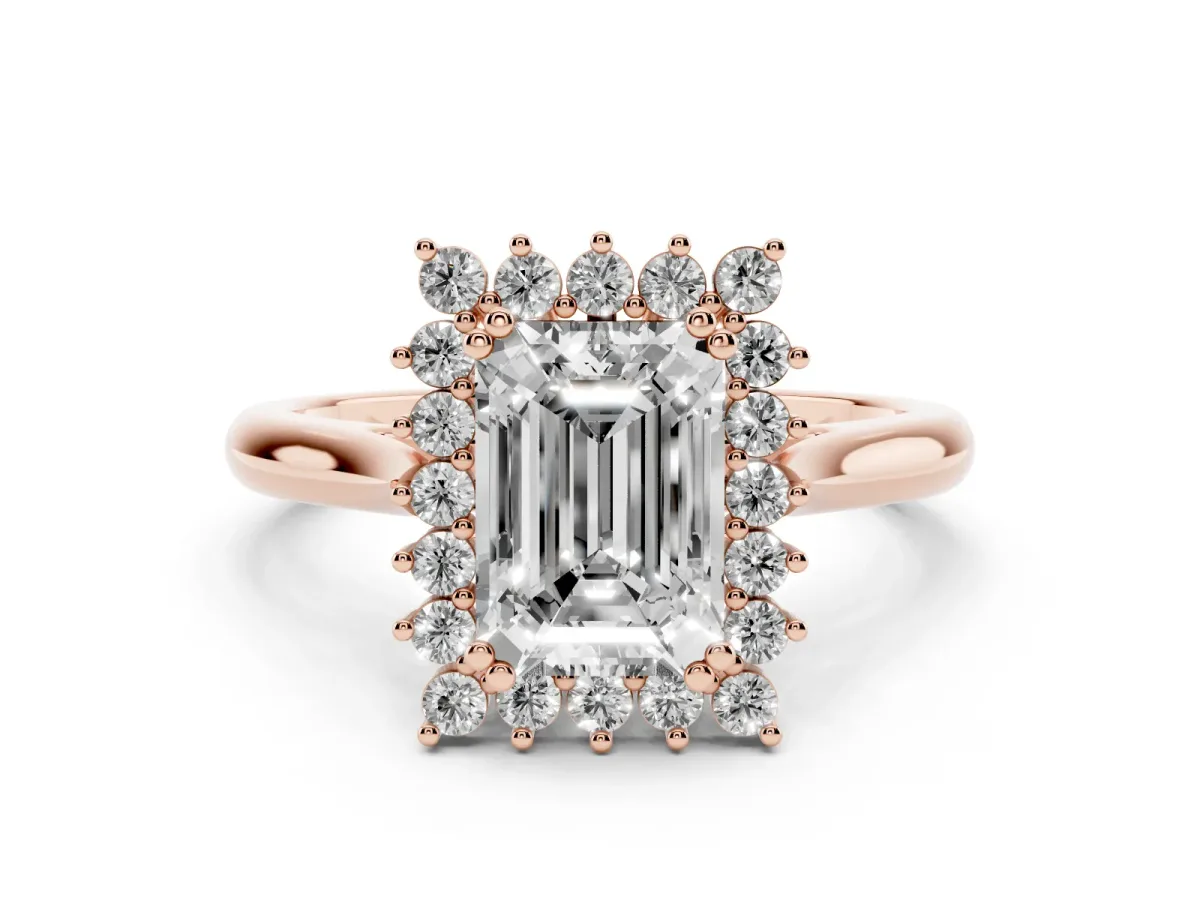 Emerald Cut Cut Diamond Halo Ring with Solitaire Band and Prong Setting Rose gold