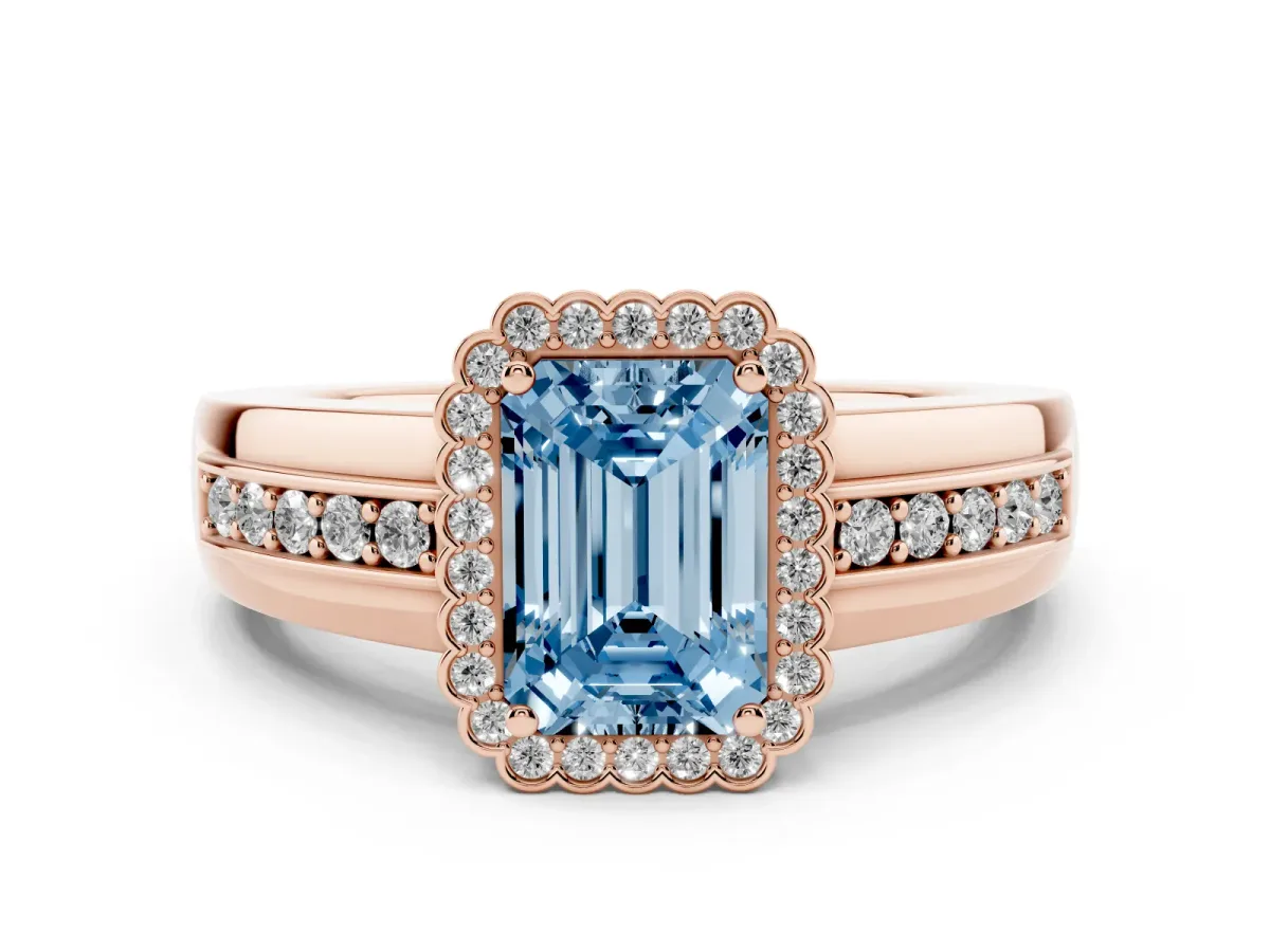 Fancy Blue Emerald Cut Cut Halo Pave Band Four-Prong Ring Rose gold