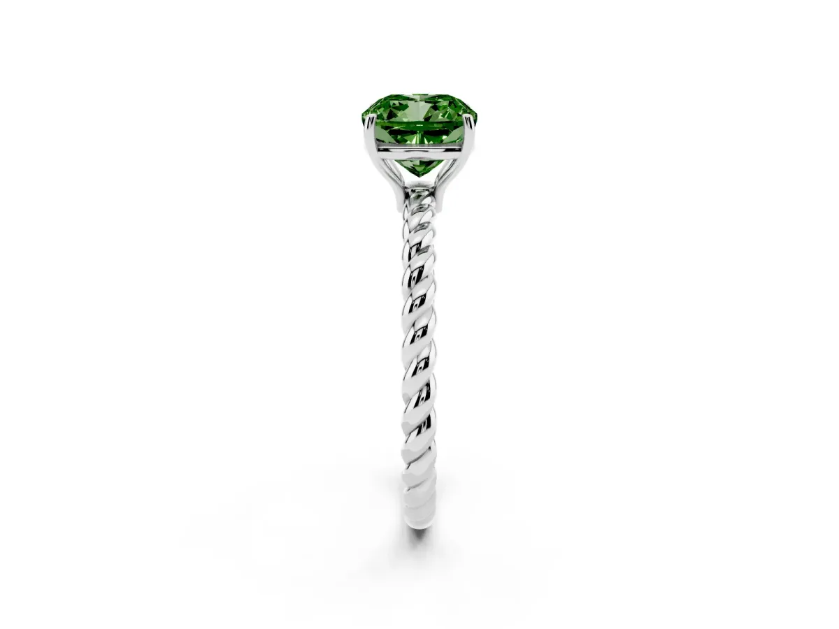 Fancy Green Cushion Cut Solitaire Twisted Band 4-Prong Ring Platinum