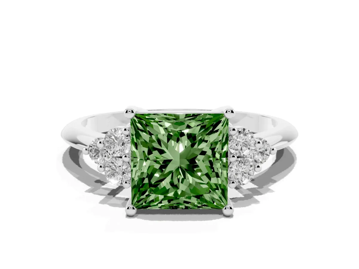 Fancy Green Princess Cut Cut Diamond Cluster Ring with Solitaire Band and Four-Prong Setting Silver