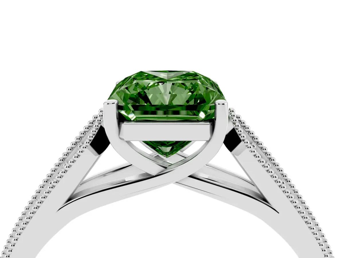 Fancy Green Radiant Cut Cut Pave Split Shank Engagement Ring with Four-Prong Setting Silver