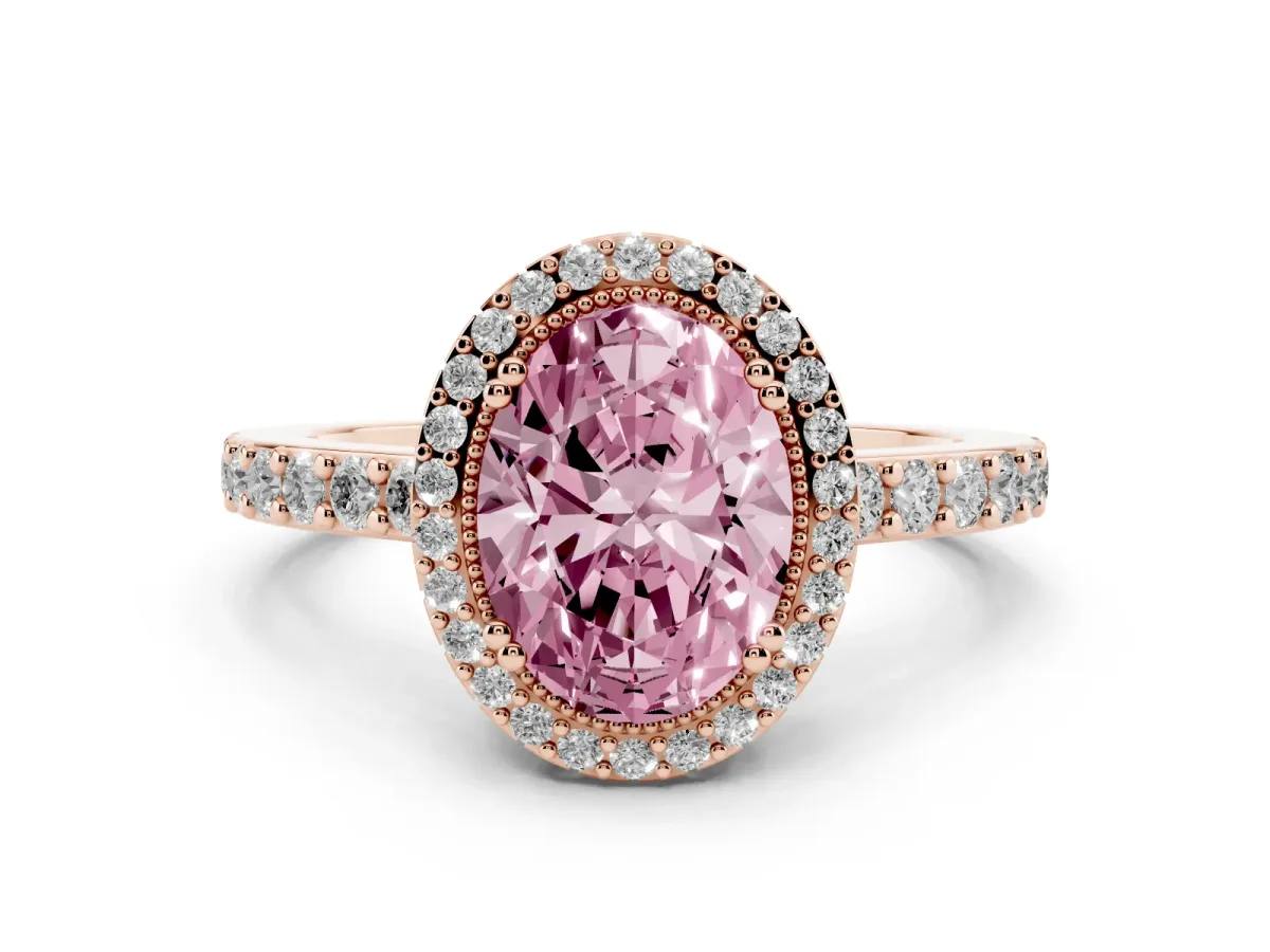 Fancy Pink Oval Cut Cut Diamond Halo Engagement Ring with Milgrain Detail and Pavé Band Rose gold