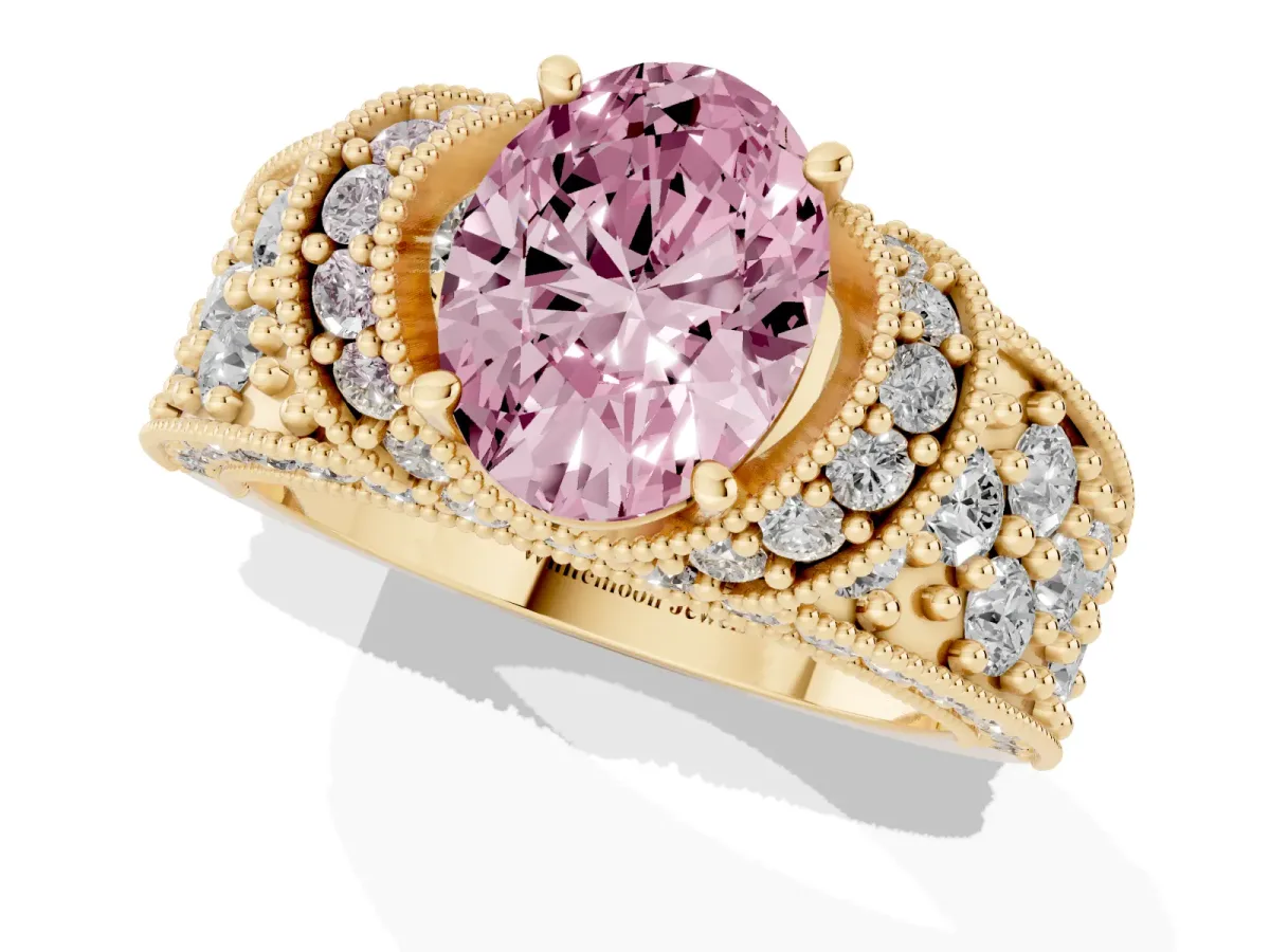 Fancy Pink Oval Cut Halo Pave Diamond Engagement Ring with Milgrain Detailing Yellow gold