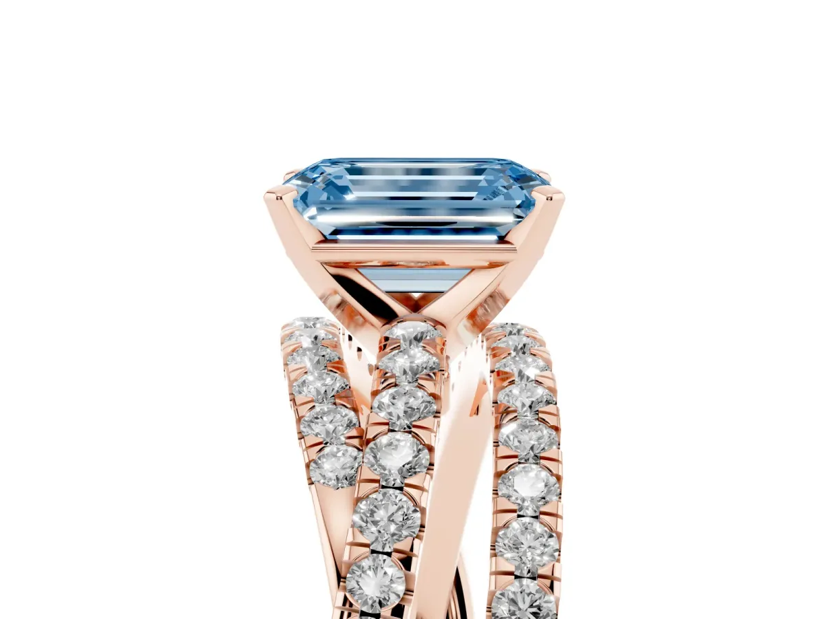Fancy Blue Emerald Cut Solitaire Twist Band with Pavé Setting and Four-Prong Setting Rose gold