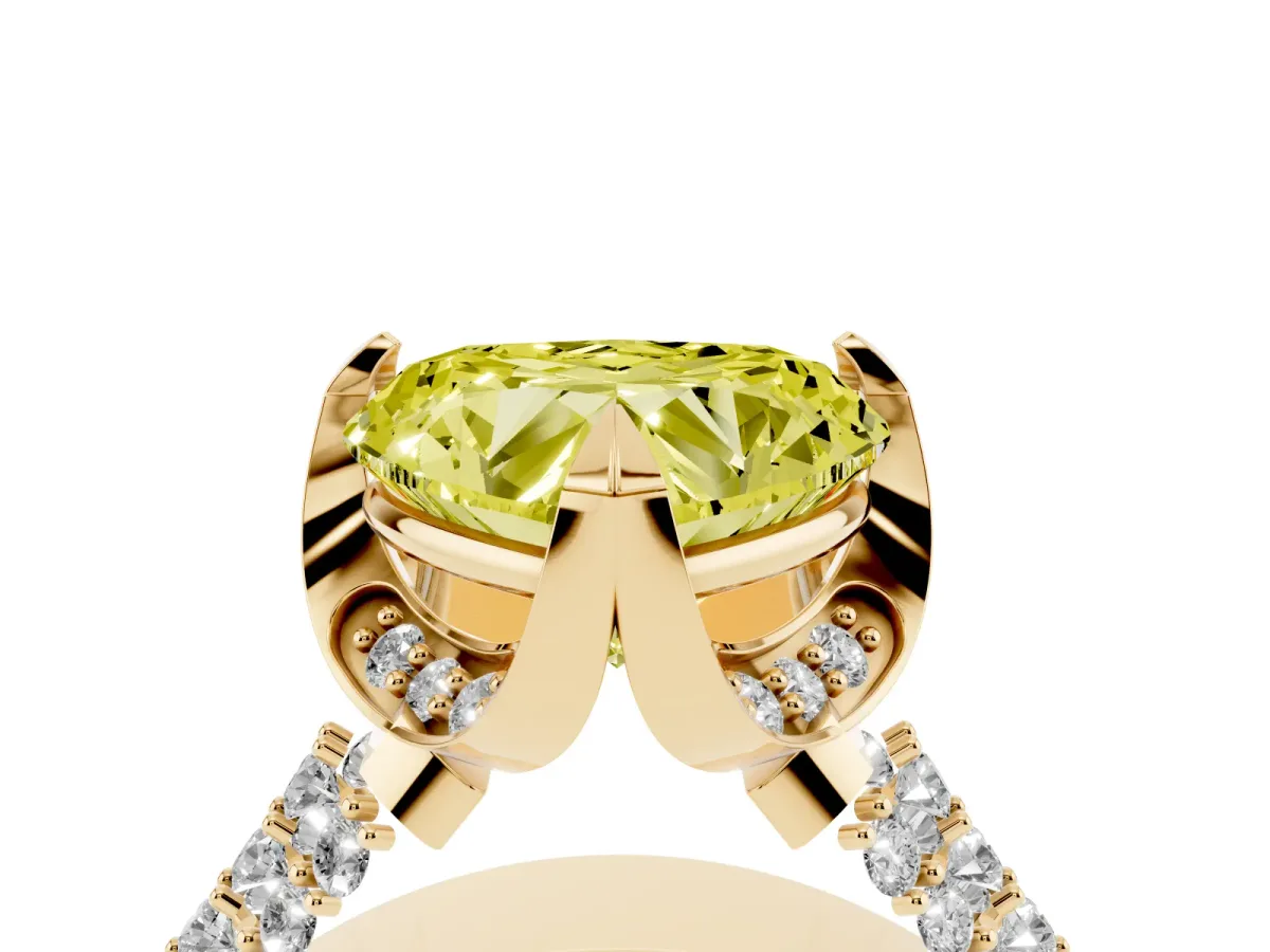 Fancy Yellow Heart Cut Solitaire Pave Split Shank Ring with Four-Prong Setting Yellow gold