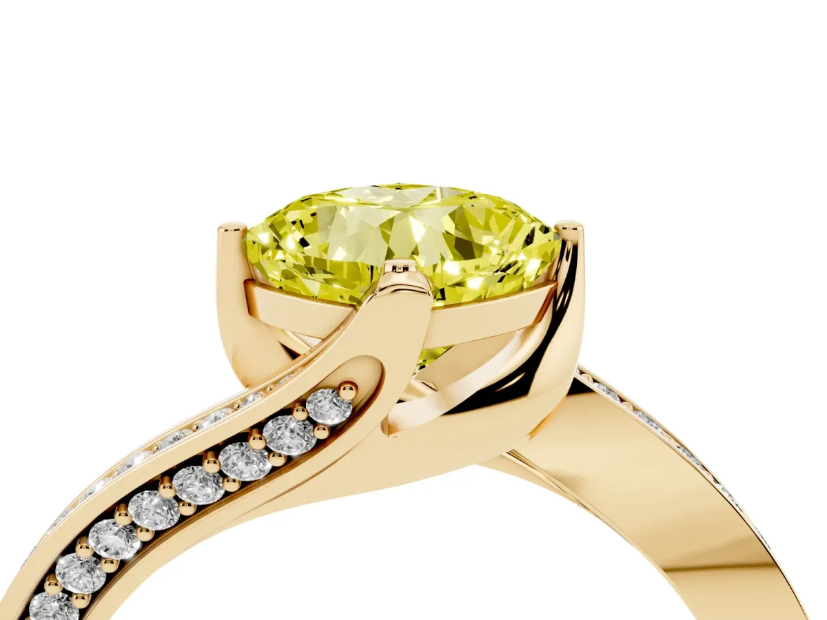 Fancy Yellow Cushion Cut Solitaire Diamond Twist Band with Pavé Setting and Four-Prong Setting Yellow gold