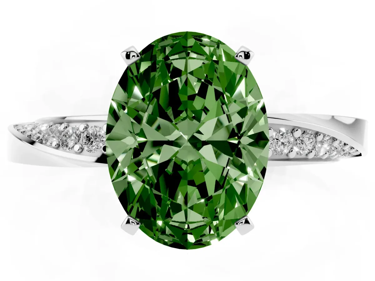 Fancy Green Oval Cut Diamond Engagement Ring with Side Stone Accents and Four-Prong Setting Platinum