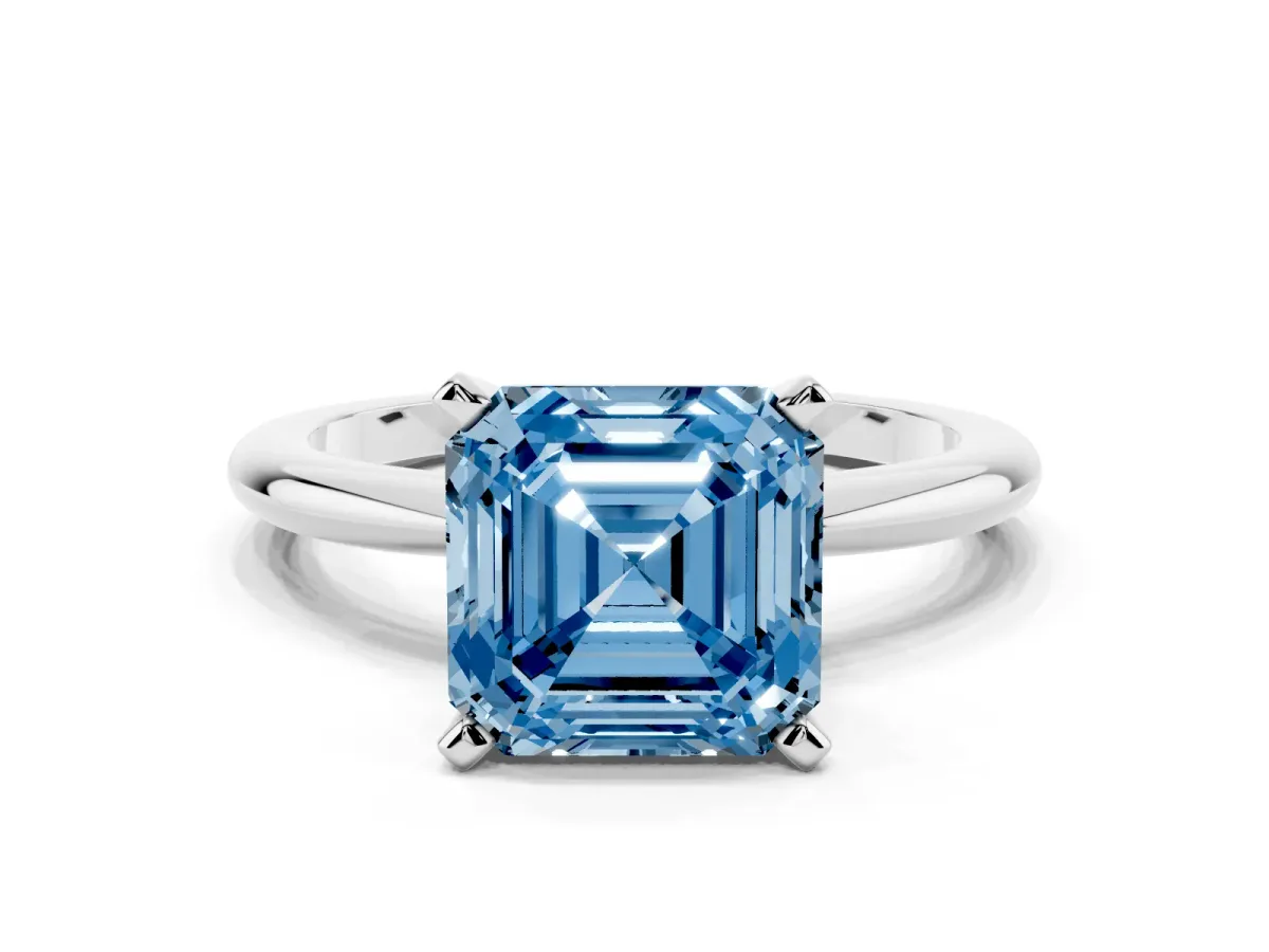 Fancy Blue Asscher Cut Diamond Solitaire Ring with Prong Setting and Classic Band Platinum