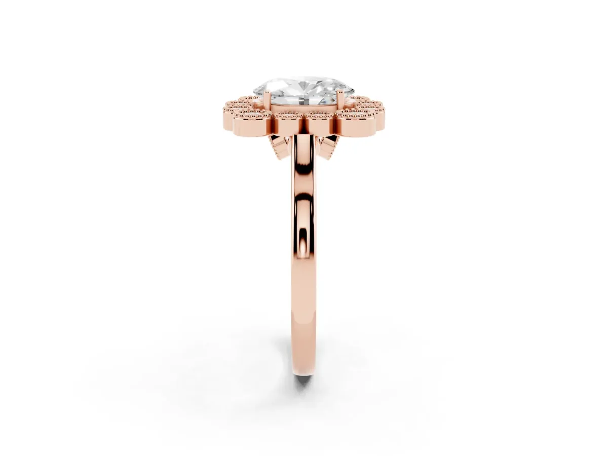 Oval Cut Halo Diamond Cluster Engagement Ring with Milgrain Bezel Setting and Solitaire Band Rose gold