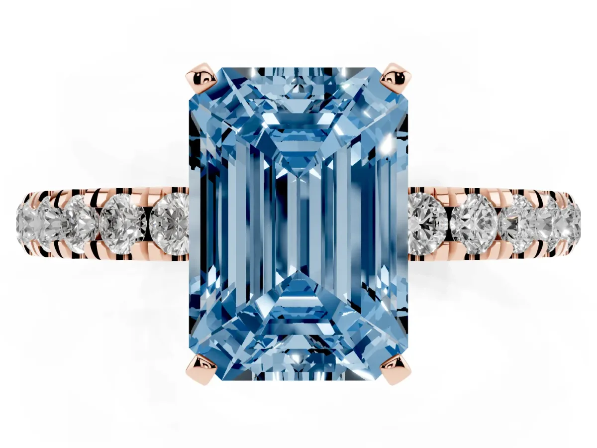 Fancy Blue Emerald Cut Diamond Solitaire Ring with Pavé Accents and Four-Prong Setting Rose gold