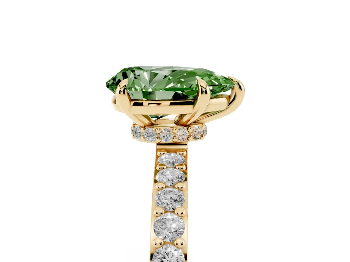 Fancy Green Pear Cut Diamond Pavé Engagement Ring with Round Accents and Prong Setting Yellow gold