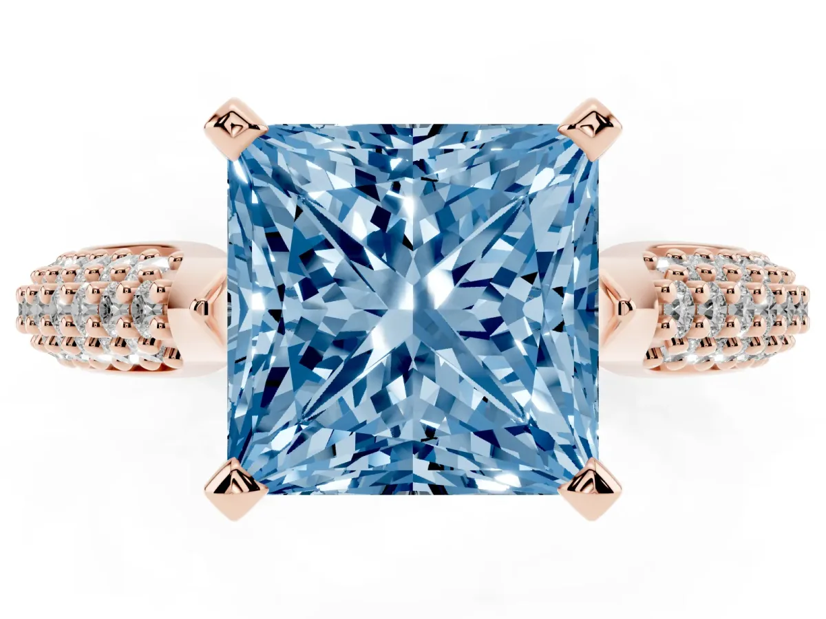 Fancy Blue Princess Cut Diamond Solitaire Engagement Ring with Multi-Row Round Pavé Band and Prong Setting Rose gold