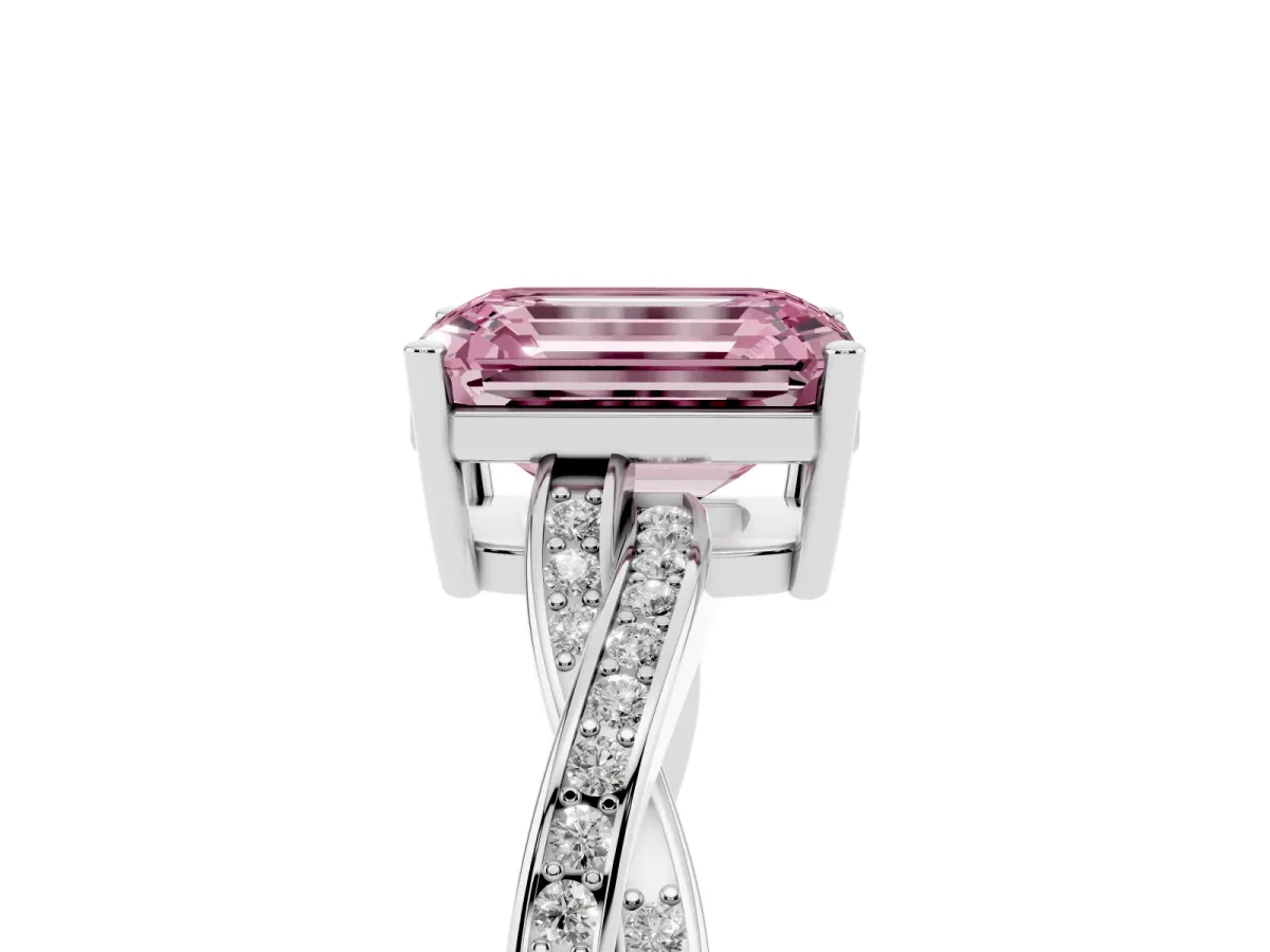 Fancy Pink Emerald Cut Solitaire Twisted Pave Diamond Ring with Four-Prong Setting Platinum