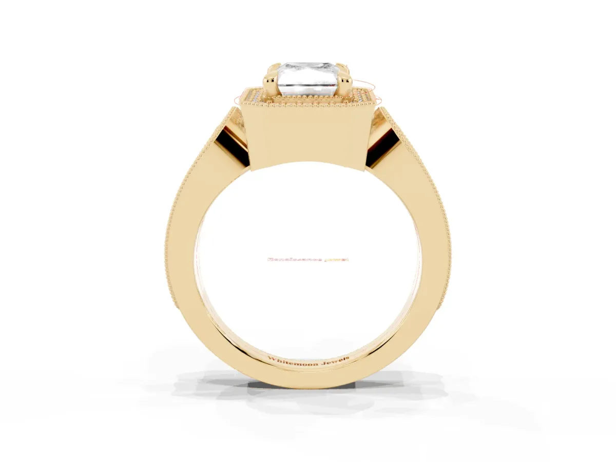 Radiant Cut Halo Split Shank Milgrain Diamond Ring Yellow gold