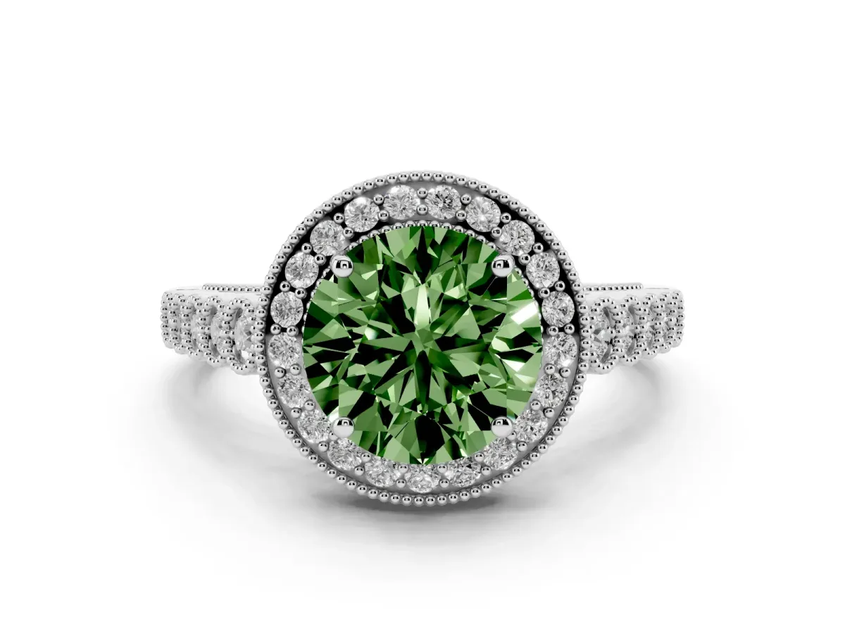 Fancy Green Round Cut Halo Milgrain Solitaire with Bezel Set Side Stones and Pave Band Platinum