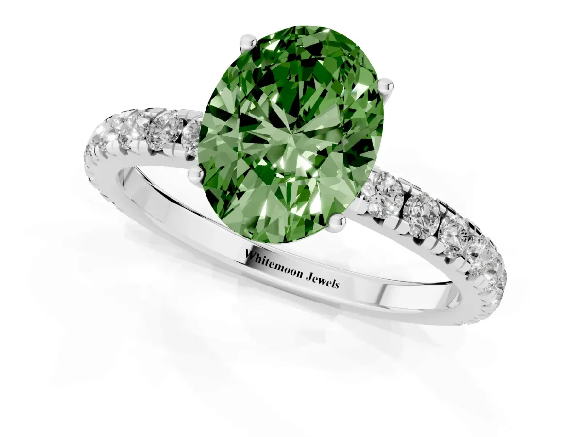 Fancy Green Oval Cut Diamond Pavé Solitaire Engagement Ring with Four-Prong Setting Platinum