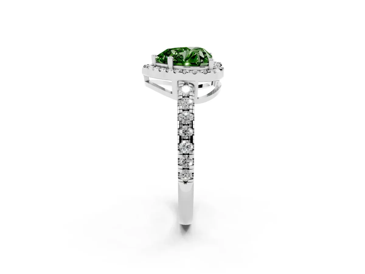Fancy Green Heart Cut Diamond Halo Ring with Pavé Band and Four-Prong Setting Platinum