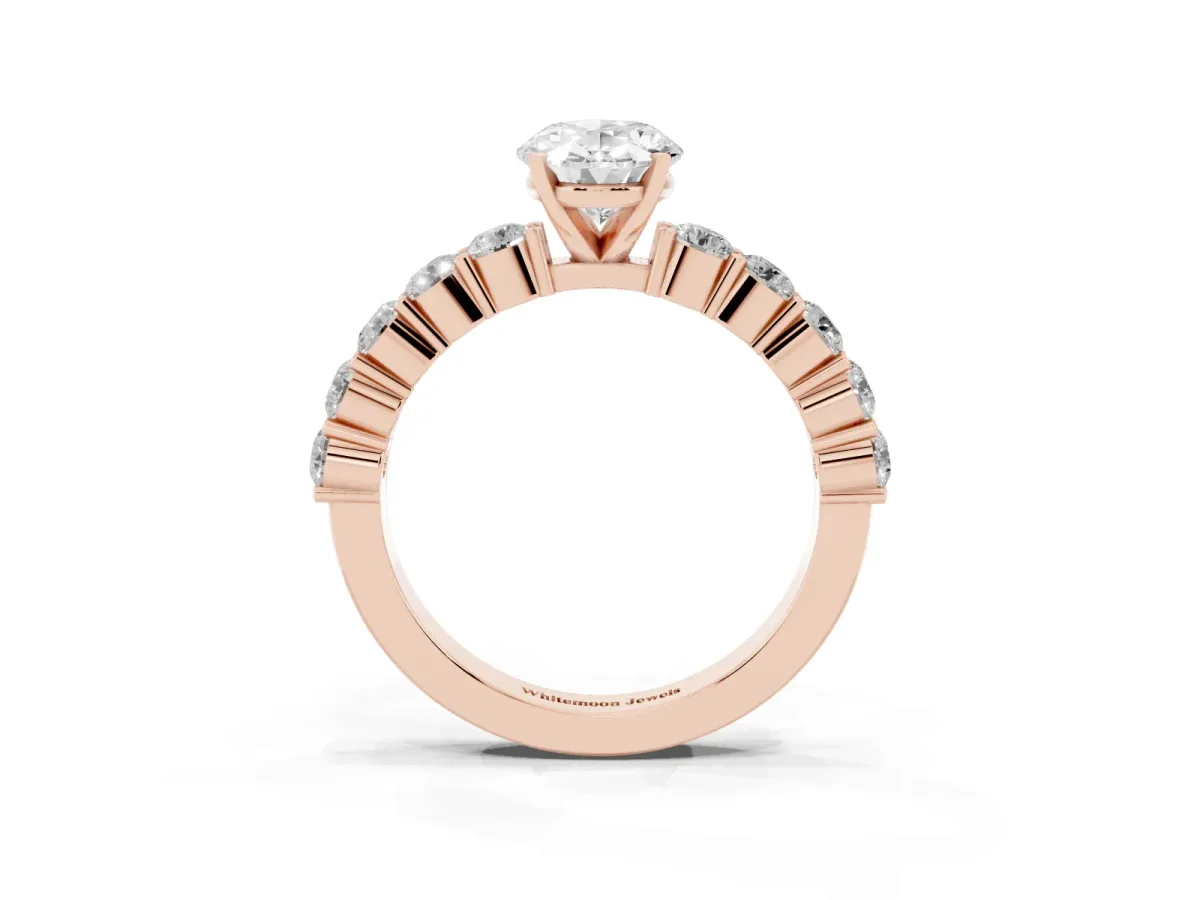 Oval Cut Diamond Solitaire Ring with Shared Prong Round Side Stones Rose gold
