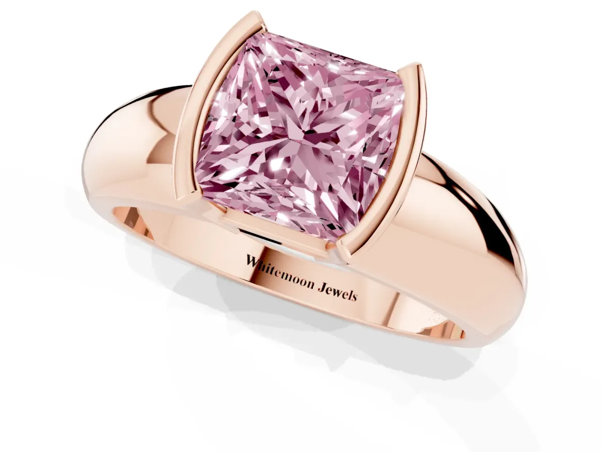 Fancy Pink Princess Cut Solitaire Tension Set Diamond Ring with Wide Band Rose gold