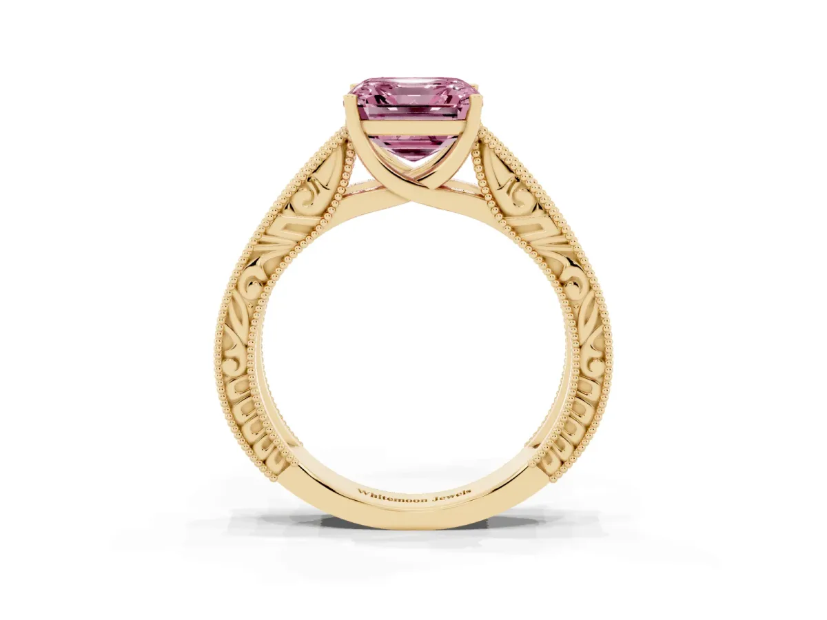 Fancy Pink Asscher Cut Diamond Solitaire Ring with Engraved Band and Four-Prong Setting Yellow gold