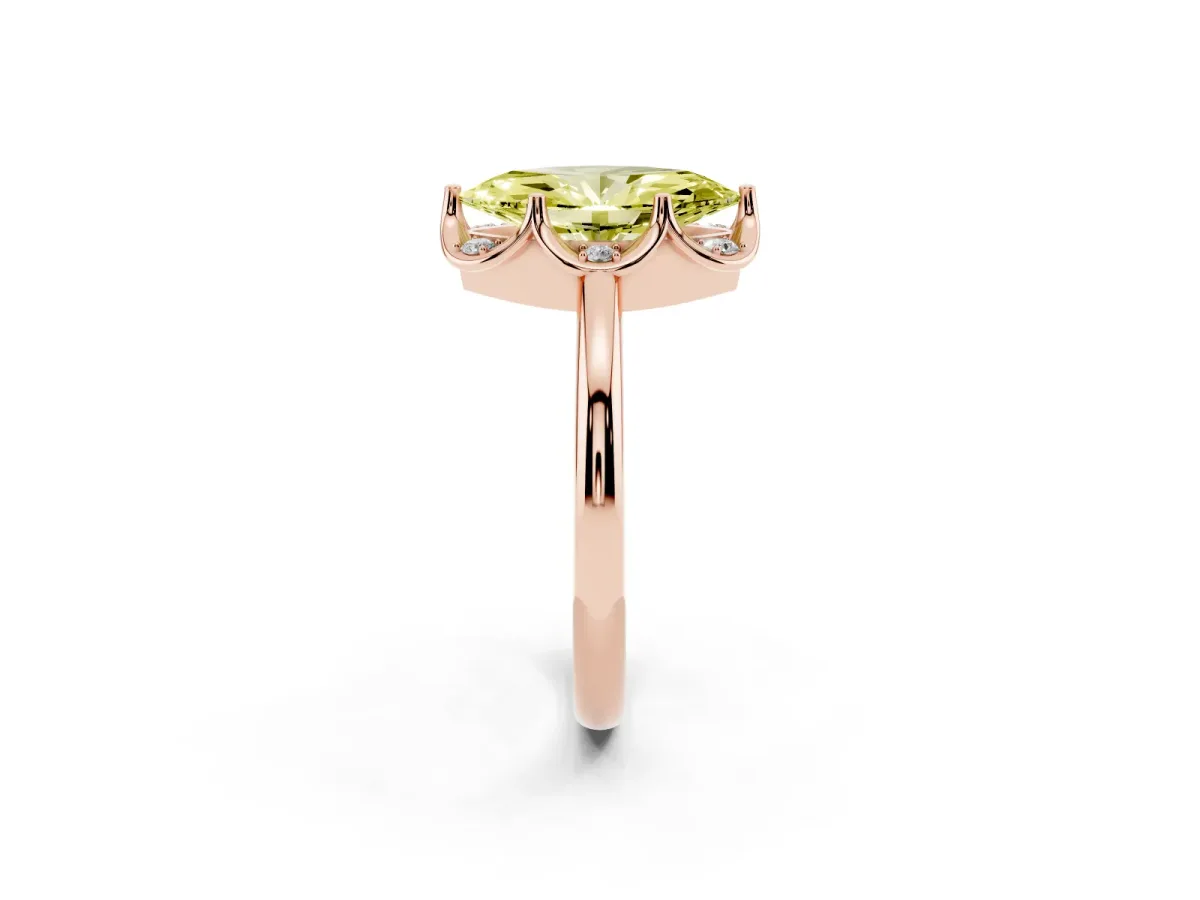 Fancy Yellow Marquise Cut Halo Diamond Ring with Round Cluster Setting, Solitaire Band, and Four-Prong Setting Rose gold