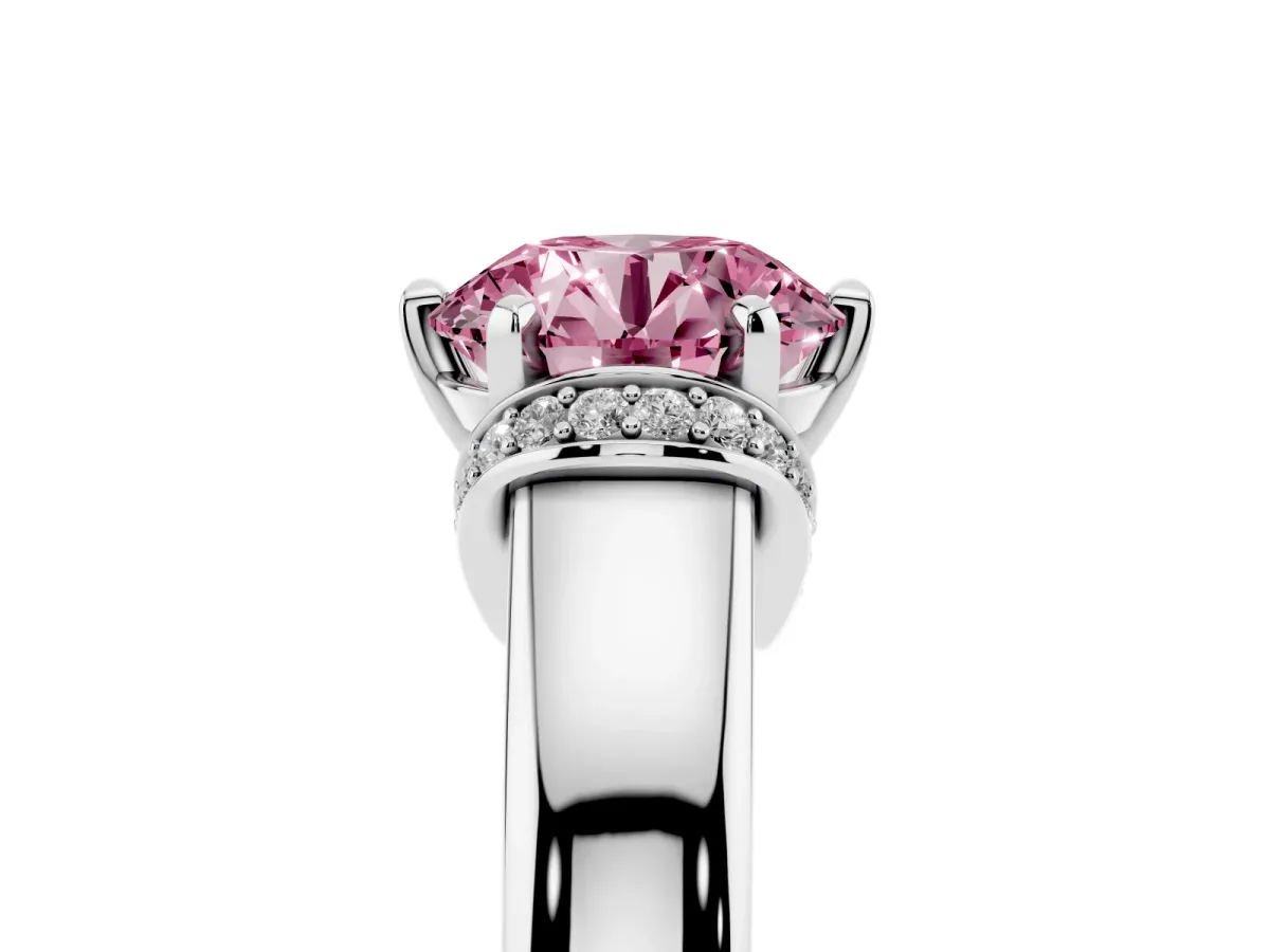 Fancy Pink Round Cut Solitaire Diamond Ring with Pave Band and Six-Prong Setting Silver