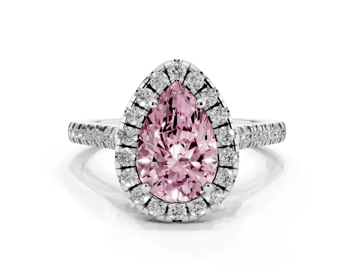 Fancy Pink Pear Cut Diamond Cushion Halo Ring with Pavé Band Platinum