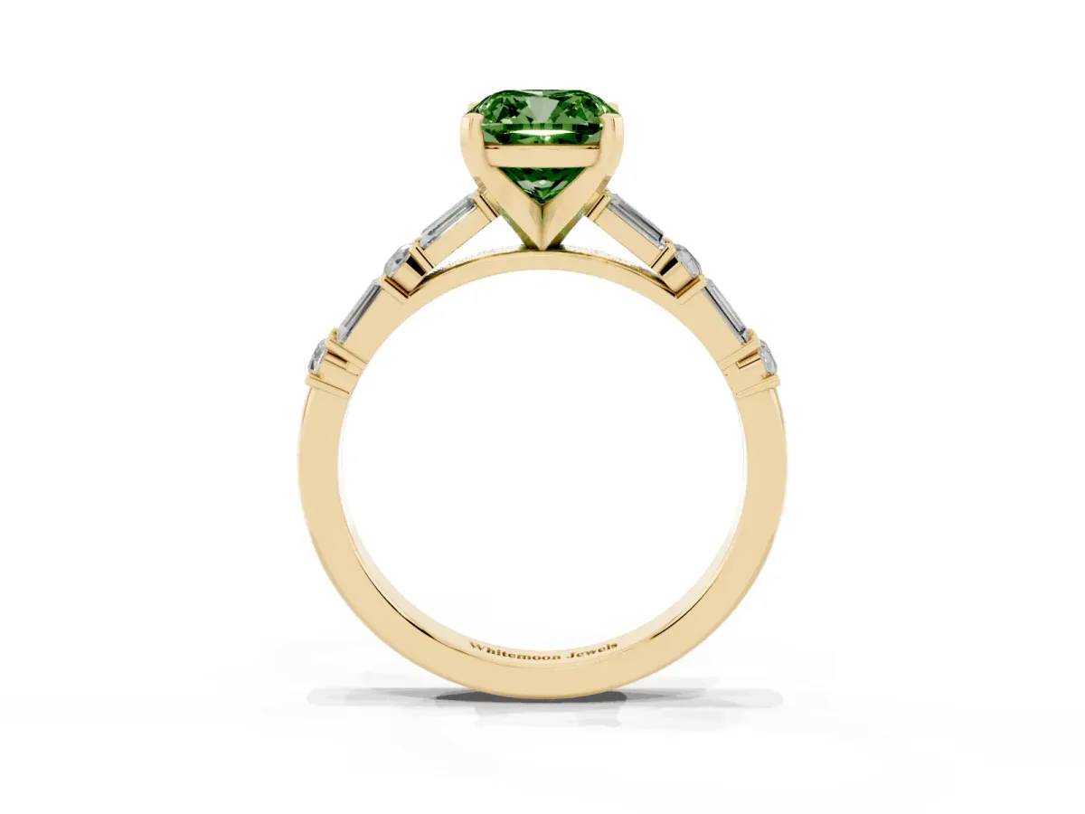 Fancy Green Cushion Cut Diamond Solitaire with Side Baguettes and Channel Set Band Yellow gold
