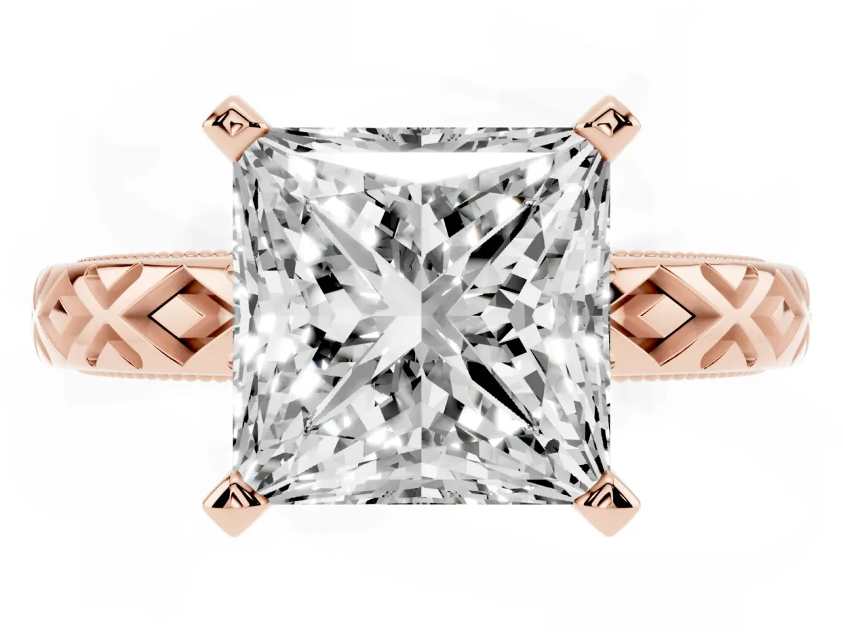 Princess Cut Solitaire Diamond Ring with Milgrain and Black Enamel X Pattern Band Rose gold