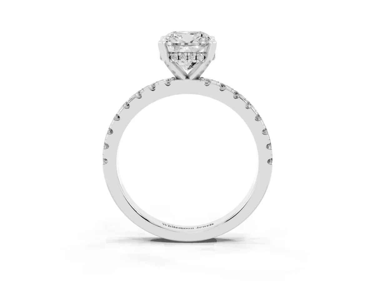 Cushion Cut Diamond Solitaire Ring with Round Pavé Band and Four-Prong Setting Silver