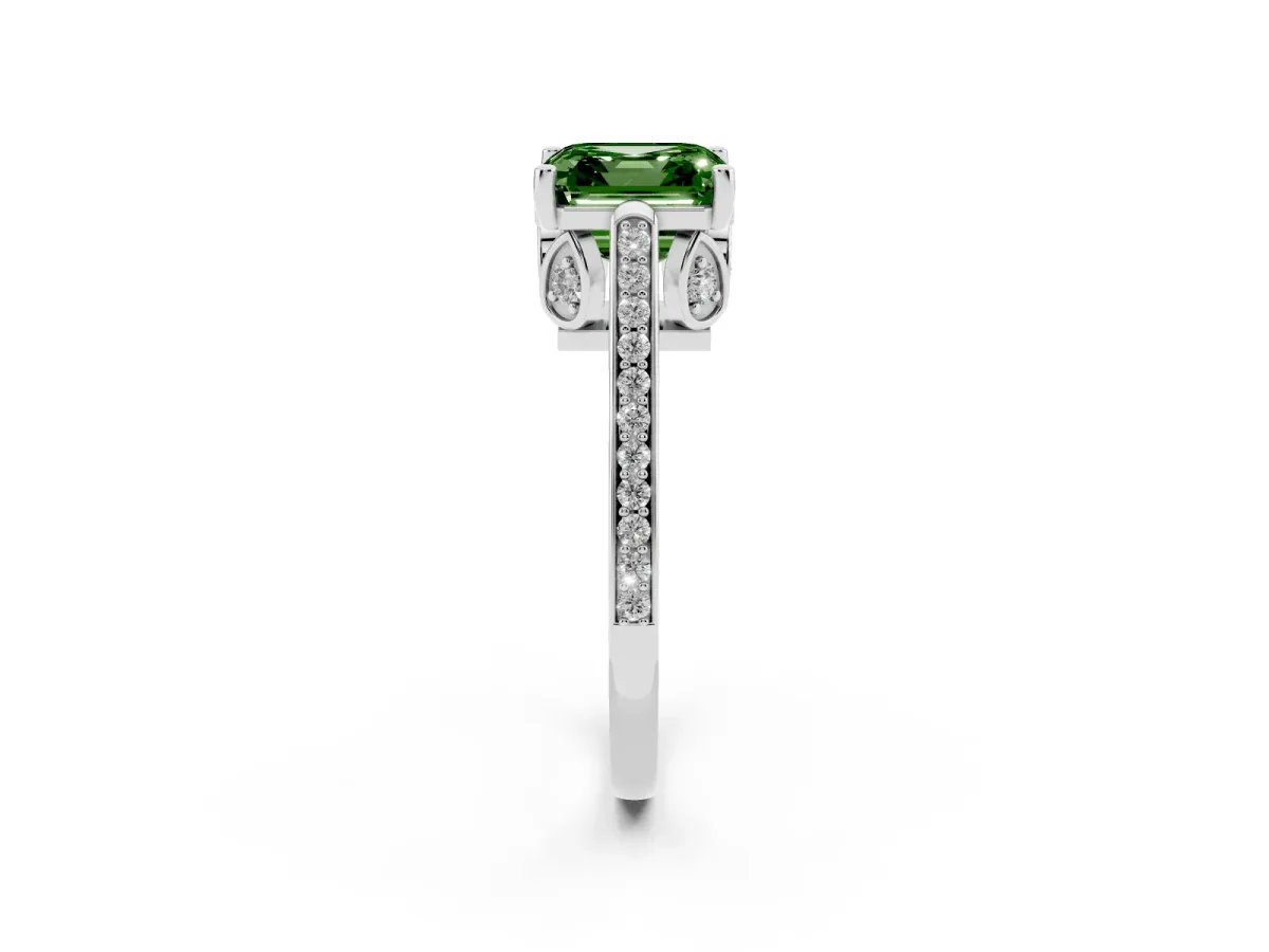 Fancy Green Asscher Cut Cut Cathedral Pave Diamond Engagement Ring with Six-Prong Setting Silver