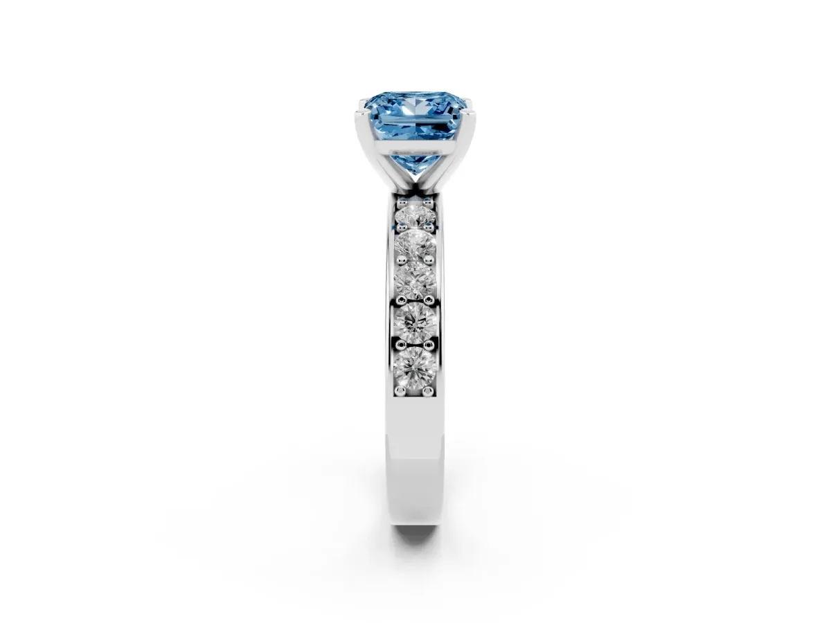 Fancy Blue Princess Cut Diamond Engagement Ring with Channel Set Round Band and Prong Setting Silver
