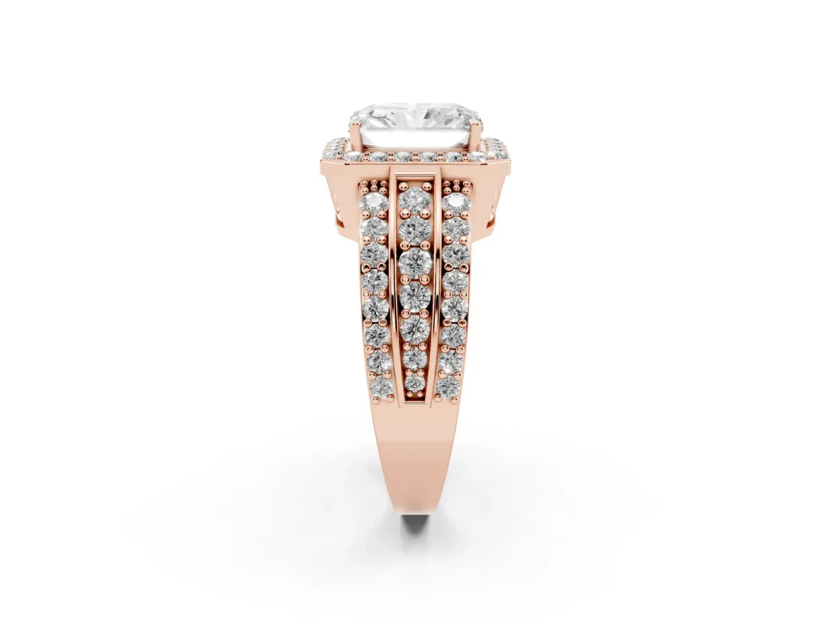 Radiant Cut Halo Diamond Ring with Round Split Shank and Prong Setting Rose gold