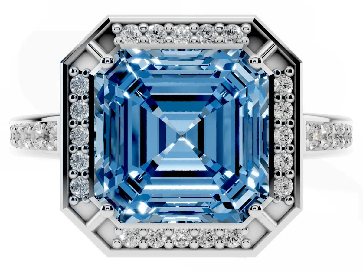 Fancy Blue Asscher Cut Cut Halo Pave Split Shank Prong Setting Ring Platinum