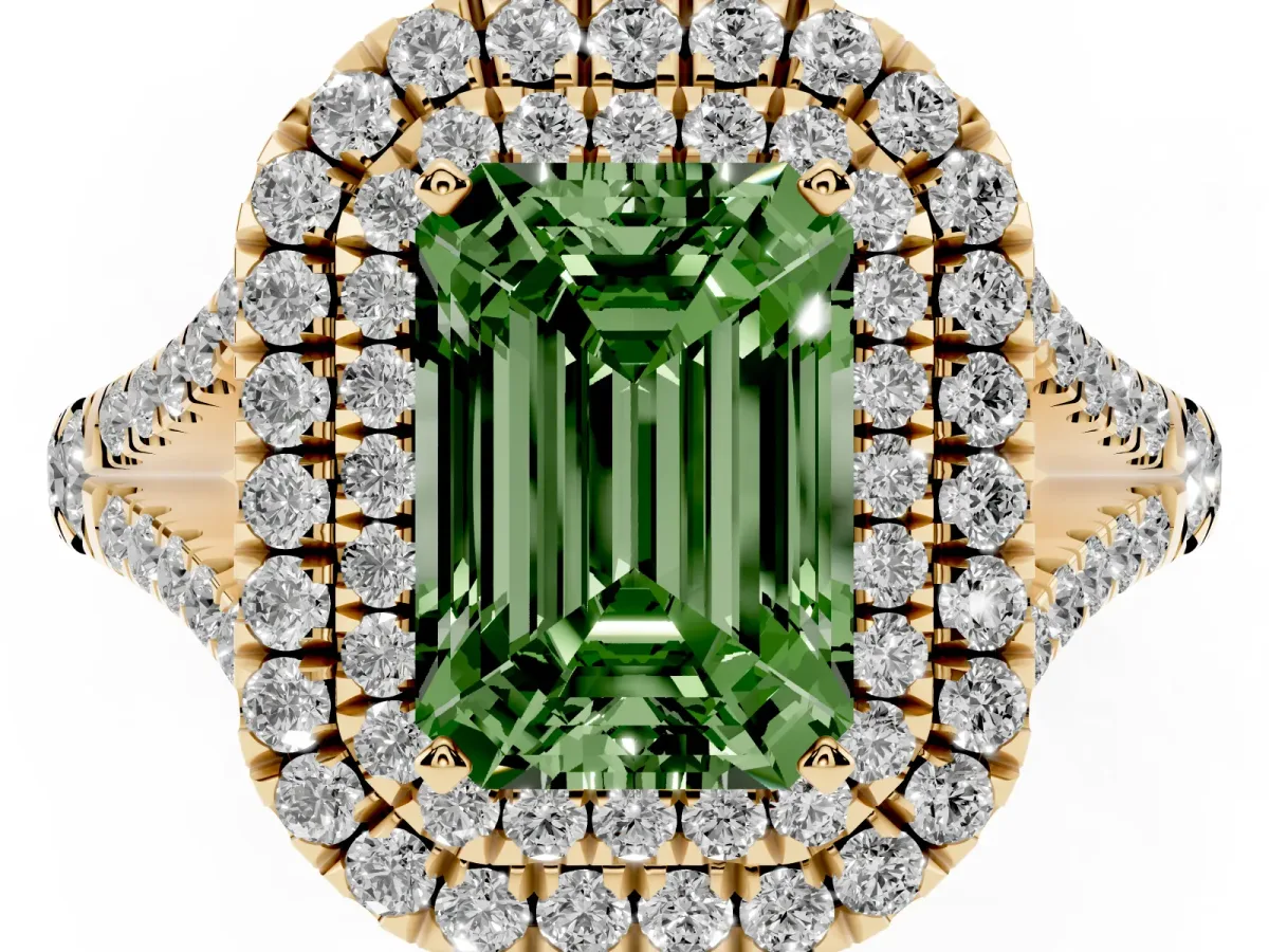 Fancy Green Emerald Cut Diamond Pavé Split Shank Double Halo Engagement Ring Yellow gold