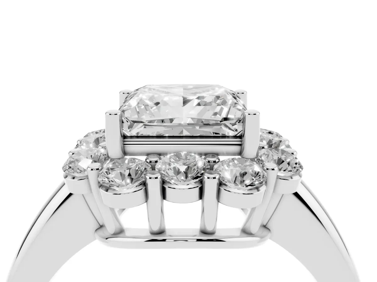 Princess Cut Halo Milgrain Solitaire with Bezel Set Side Stones and Pave Band Platinum