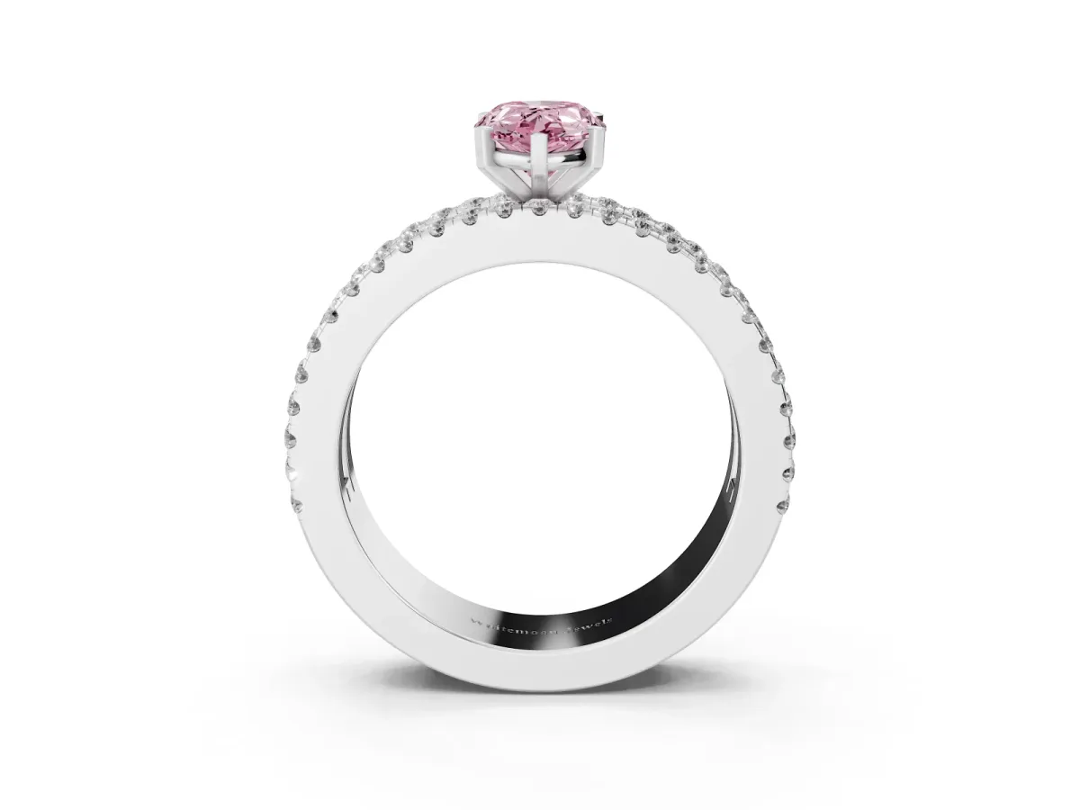 Fancy Pink Pear Cut Diamond Solitaire Ring with Pavé and Channel Set Band Silver