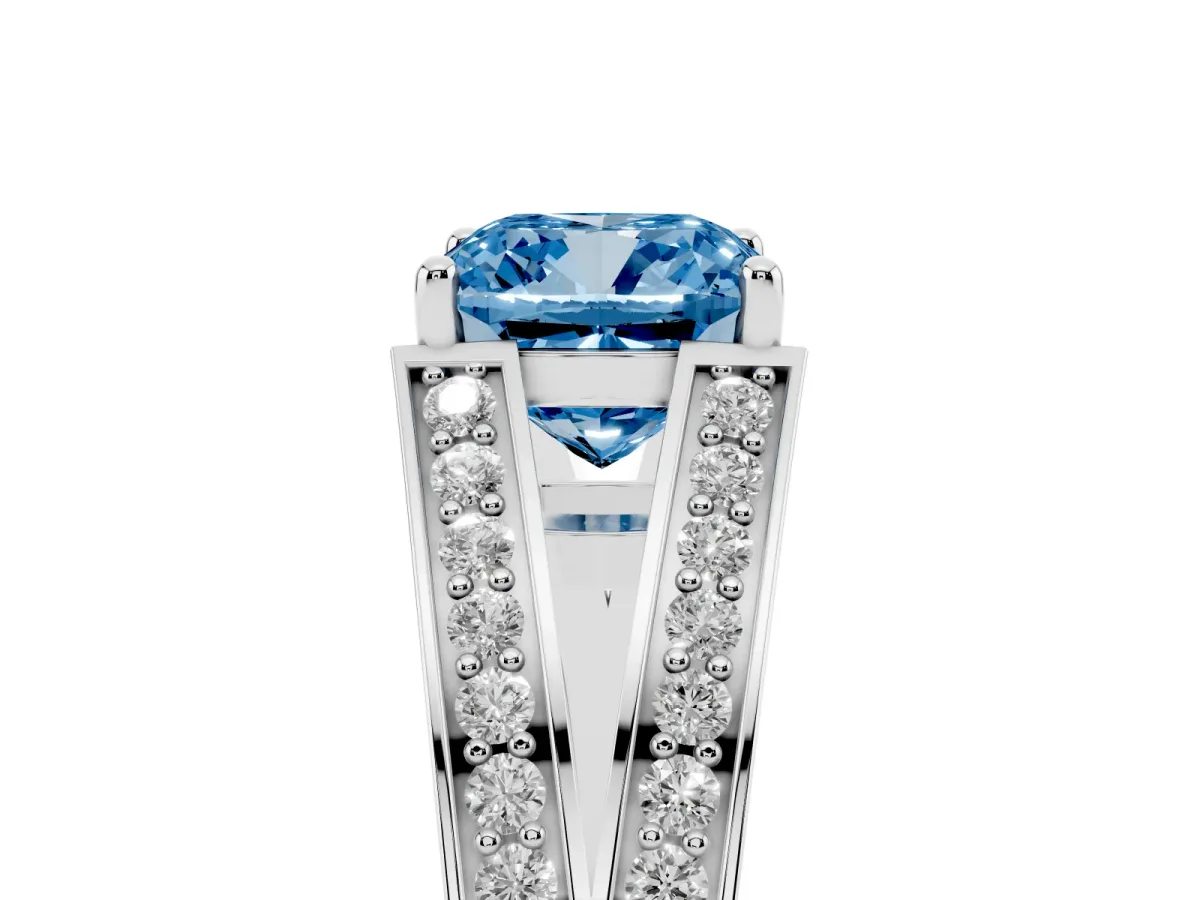 Fancy Blue Cushion Cut Diamond Split Shank Ring with Pavé Band and Four-Prong Setting White gold
