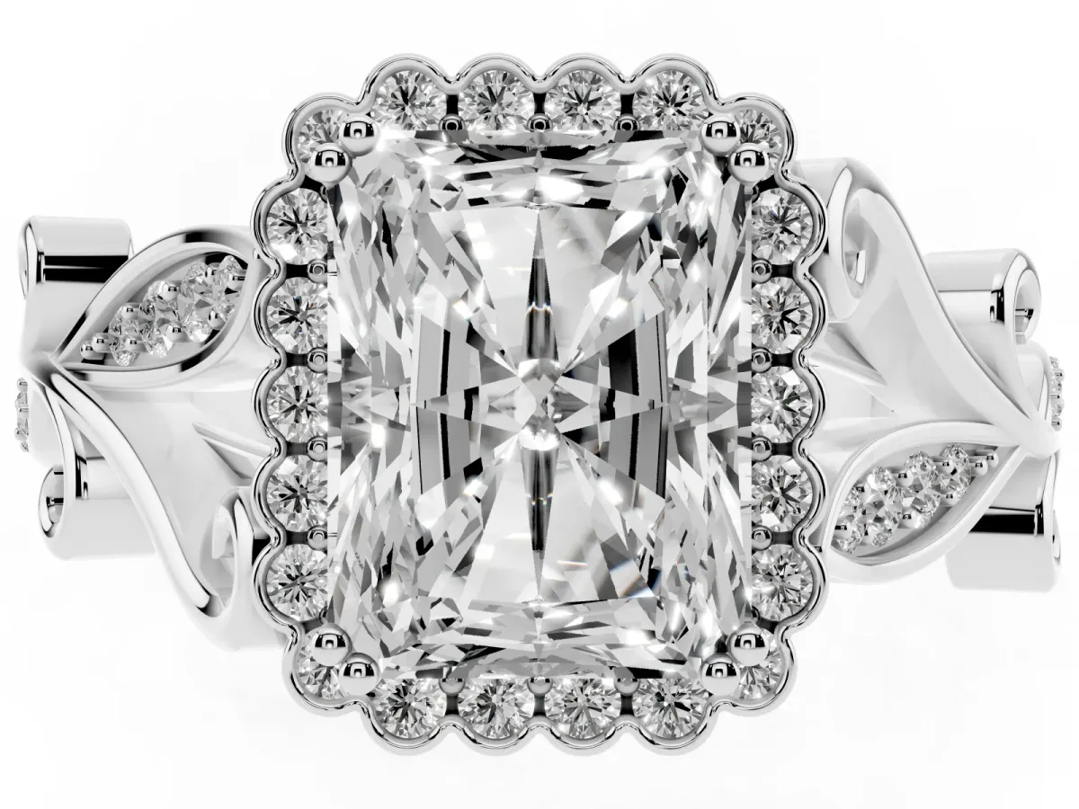 Radiant Cut Diamond Halo Ring with Vintage Split Shank and Four-Prong Setting Silver